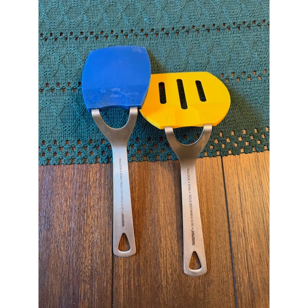 Norpro 18/10 Stainless Steel Spatula Set Blue Solid Yellow Slotted Nylon Turner